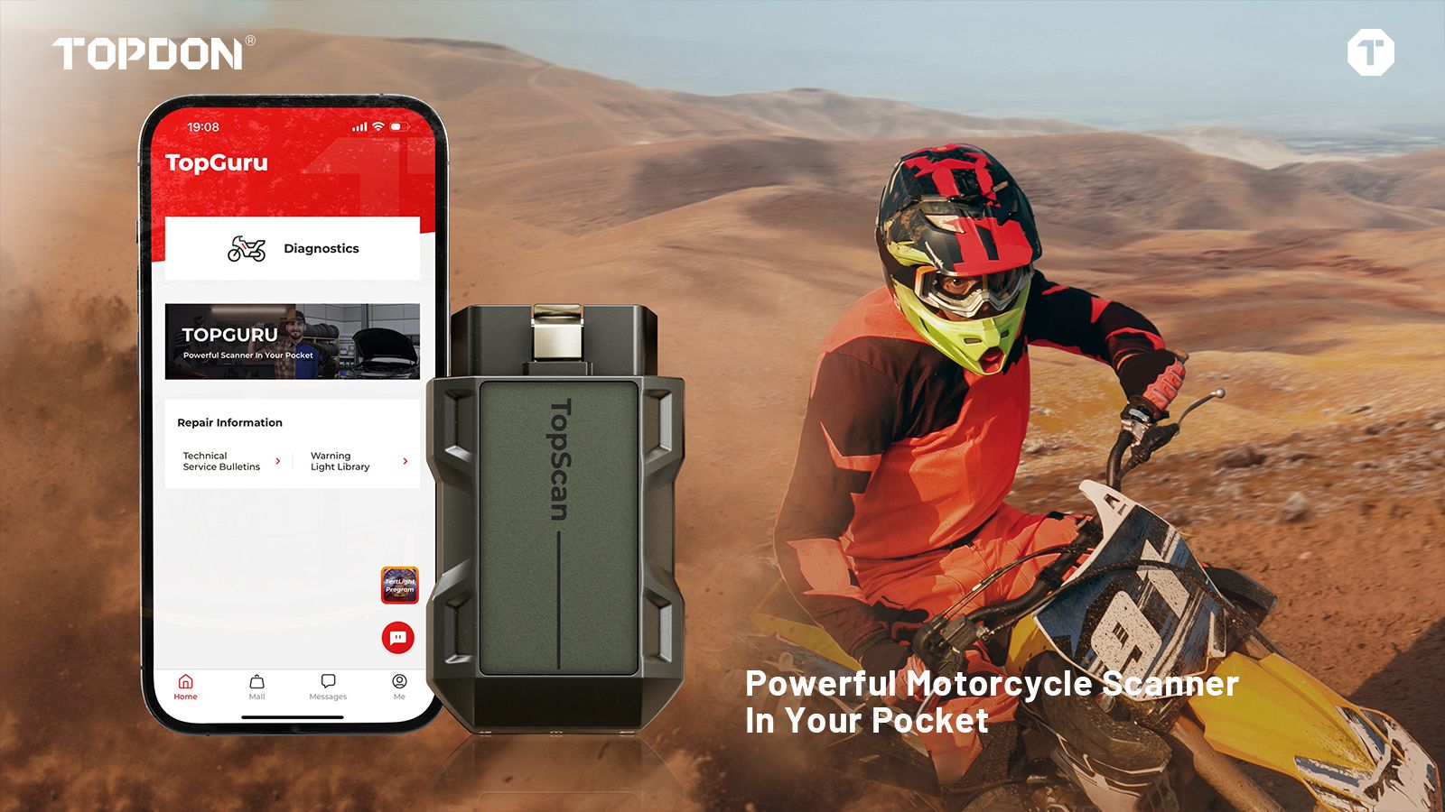 TOPDON TopScan Moto με εφαρμογή διάγνωσης σε smartphone και αναβάτη μοτοσικλέτας εκτός δρόμου.