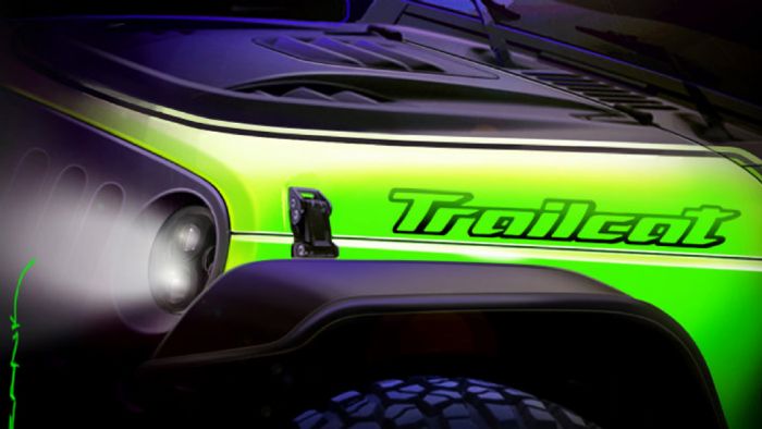 Η πρώτη φέρει την ονομασία Jeep Wrangler Trailcat, η οποία φαίνεται να διαθέτει φωτεινό πράσινο χρώμα, μαζί με σημεία φινιρίσματος σε ματ υφή.