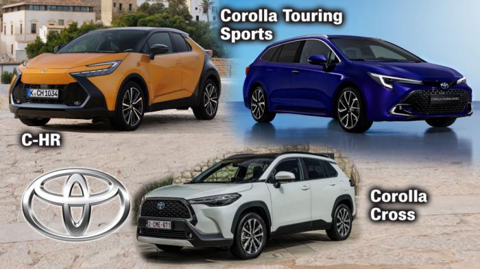 Η Corolla Touring Sports έχει την κλασική σχεδίαση των wagon μοντέλων, με την Corolla Cross να προβάλλει πιο καθαρή SUV υπόσταση και το C-HR μια πιο σπορτίφ προσέγγιση.