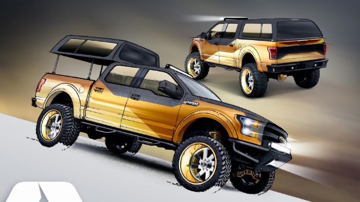 Το χρυσό Gold Standard Ford F-150 Project Truck έχει κατασκευαστεί από την A.R.E. Accessories. Ξεχωρίζει το σύστημα ανύψωσης του καλύμματος της καρότσας, TopperEZLift. Διαθέτει υπερυψωμένη ανάρτηση και σφυρήλατες ζάντες 24 ιντσών.