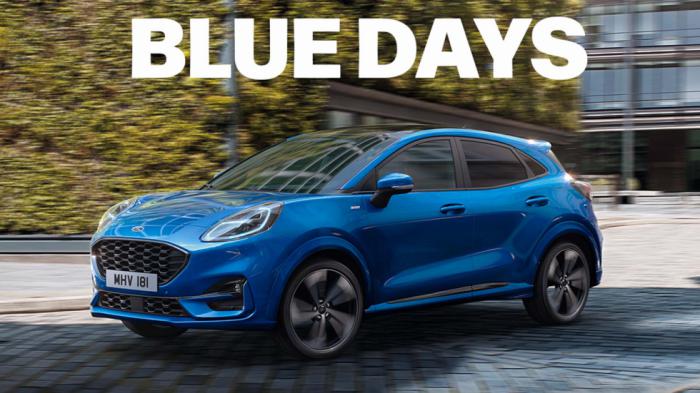 Το Ford Puma, με το πρόγραμμα Blue Days, προσφέρεται με 2,99% επιτόκιο, προκαταβολή από 4.799 ευρώ, 8 χρόνια εγγύηση και όφελος 1.000 ευρώ.