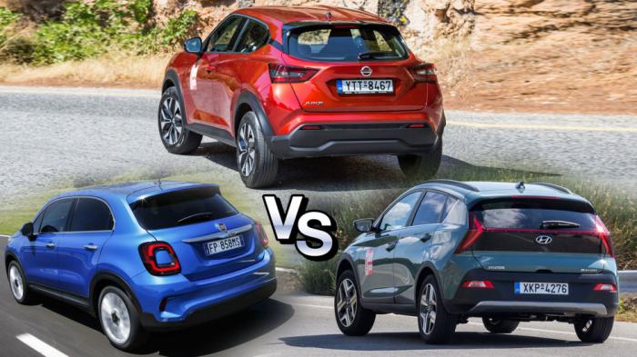 Σύγκριση Μικρά SUV βενζίνης Hyundai Bayon Vs Fiat 500X Vs Nissan Juke