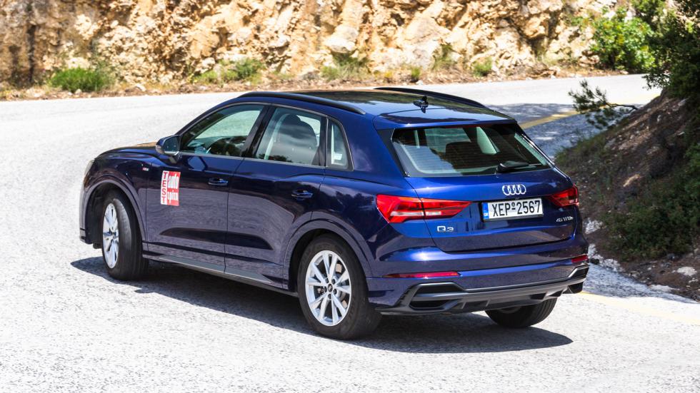 Tο εξαιρετικό στο φρενάρισμα Audi Q3 (35 μ. έναντι 37,2 της Mercedes) θυμίζει οδηγικά περισσότερο ένα υψηλό A3, ισορροπώντας με μαεστρία ανάμεσα στην ποιότητα κύλισης και την ασφάλεια. 
