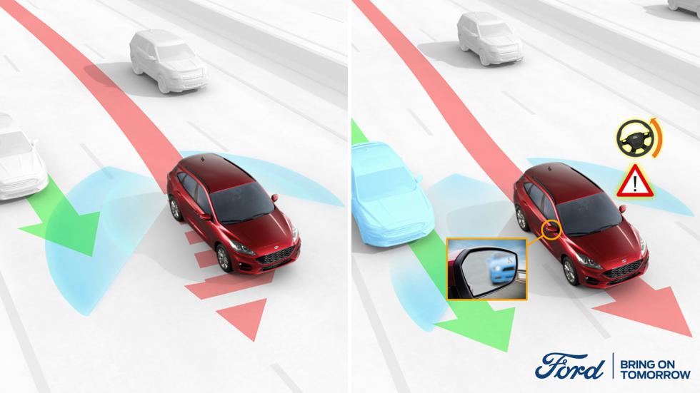 Το Lane-Keeping System με Blind Spot Assist παρακολουθεί τη ζώνη τυφλού σημείου για οχήματα που πλησιάζουν από πίσω και μπορεί να παρέμβει διορθωτικά στο τιμόνι.