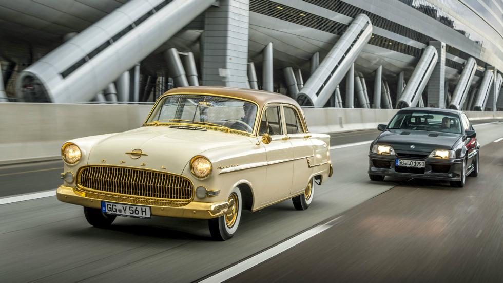 Ο παλιός και ο νέος... Μπροστά το Opel Kapitan (1956) ακολουθούμενο από το Omega (1991).