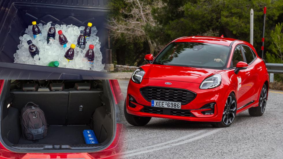 Το διπλό πάτωμα του Ford Puma ρυθμίζεται σε τρεις διαφορετικές θέσεις, με την πρακτική υφασμάτινη εταζέρα να μην σηκώνεται μαζί με την πόρτα αλλά να στηρίζεται στα πίσω καθίσματα.