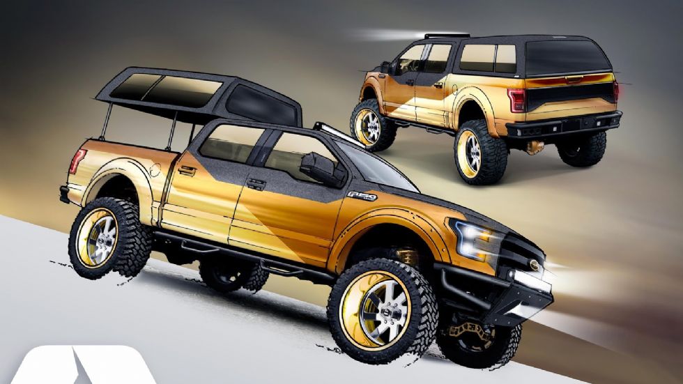 Το χρυσό Gold Standard Ford F-150 Project Truck έχει κατασκευαστεί από την A.R.E. Accessories. Ξεχωρίζει το σύστημα ανύψωσης του καλύμματος της καρότσας, TopperEZLift. Διαθέτει υπερυψωμένη ανάρτηση κα