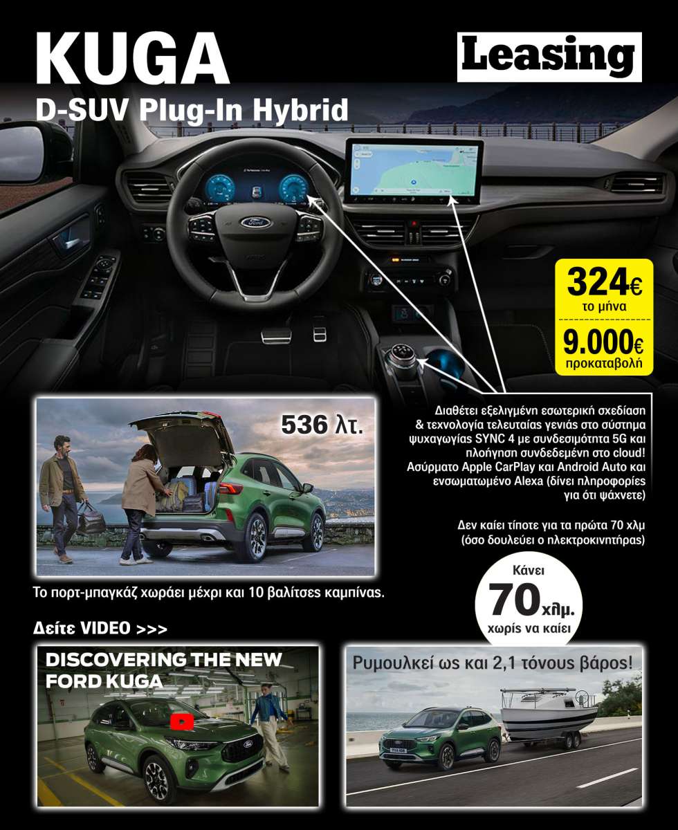 Plug-in hybrid Ford Kuga με leasing: Πού ξεχωρίζει & τι εξοπλισμό έχει