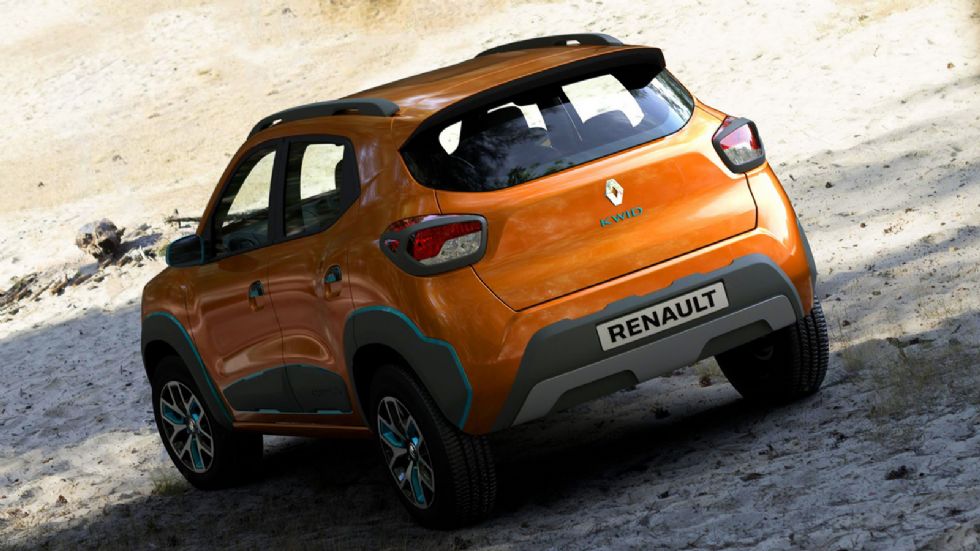 Το πρωτότυπο Kwid Climber ξεχωρίζει αισθητικά από τα φώτα ημέρας LED, το πορτοκαλί χρώμα με τις μπλε πινελιές και τα μαύρα προστατευτικά πλαστικά.