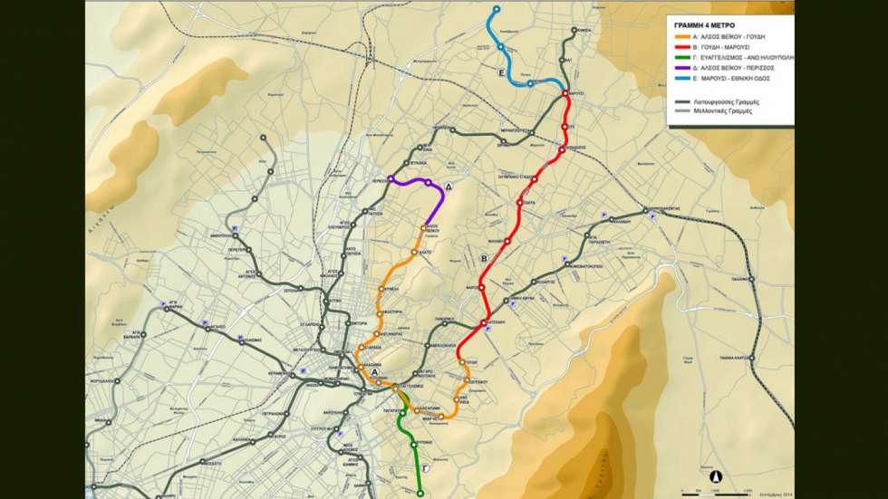 Το σχεδιάγραμμα και των 35 σταθμών της Γραμμής 4 όταν αυτή ολοκληρωθεί.