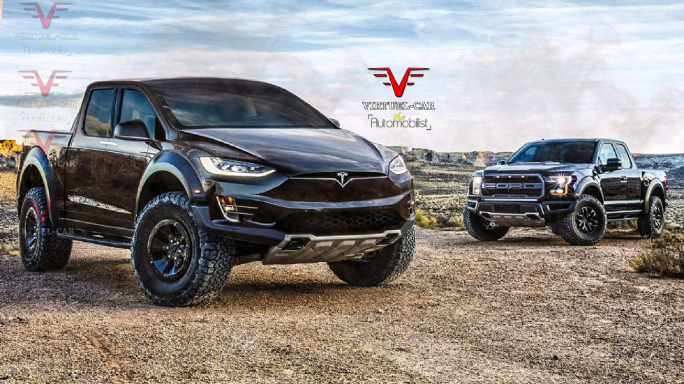 Oι σχεδιαστές της Virtuel Car οραματίστηκαν το Tesla pick-up, ως έναν ανταγωνιστή του σκληροτράχηλου Ford F-150 Raptor.